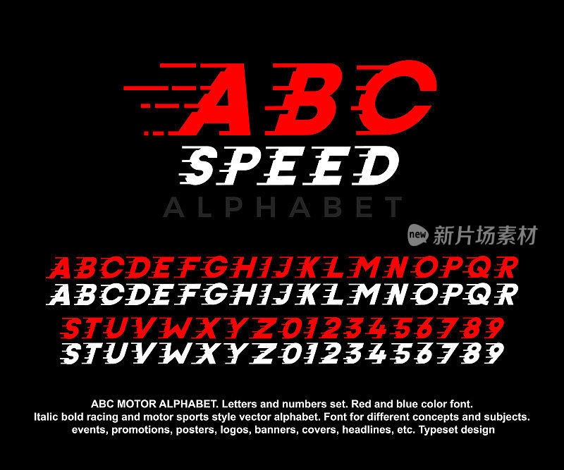 ABC SPEED向量字母和数字集。红色和蓝色字体。大胆的斜体赛车和赛车运动及游戏风格设计。对于标题，标识，横幅，事件，海报等